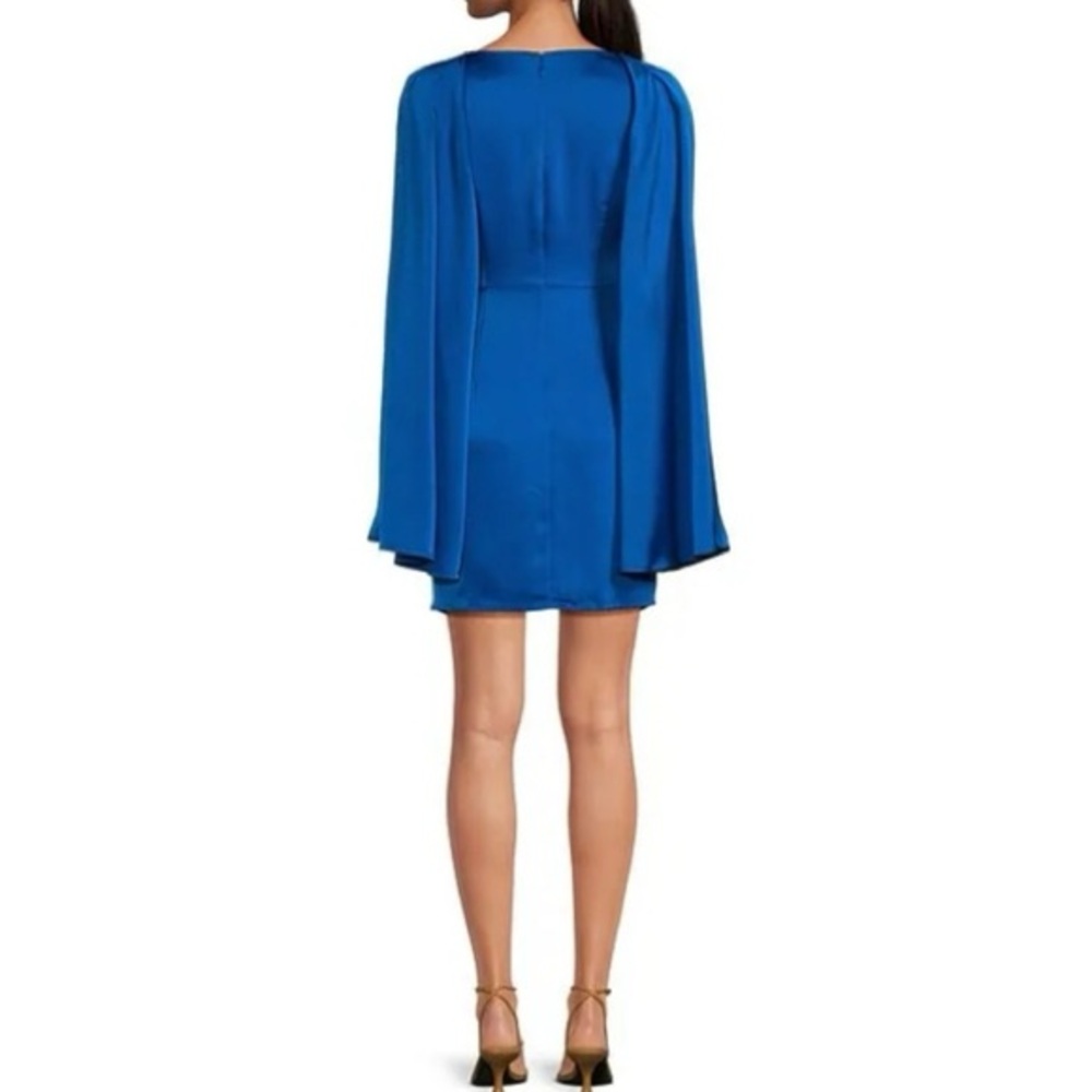 NWT Badgley Mischka Nora Satin V-Neck Long Bell Sleeve Twist Front Mini Dress - Picture 2 of 11